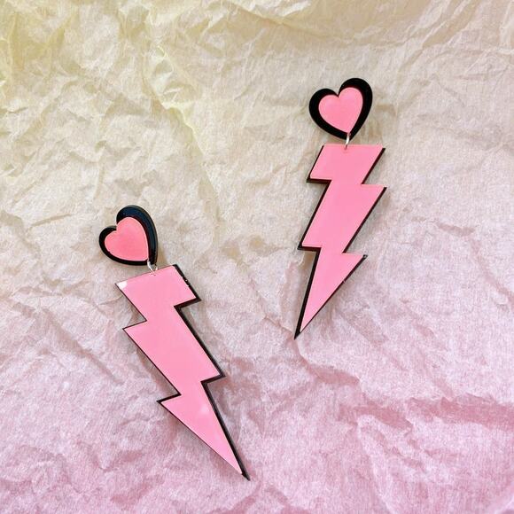 Pink & Black Lightning Bolt Acrylic Earrings with Heart Top - Picture 4 of 9